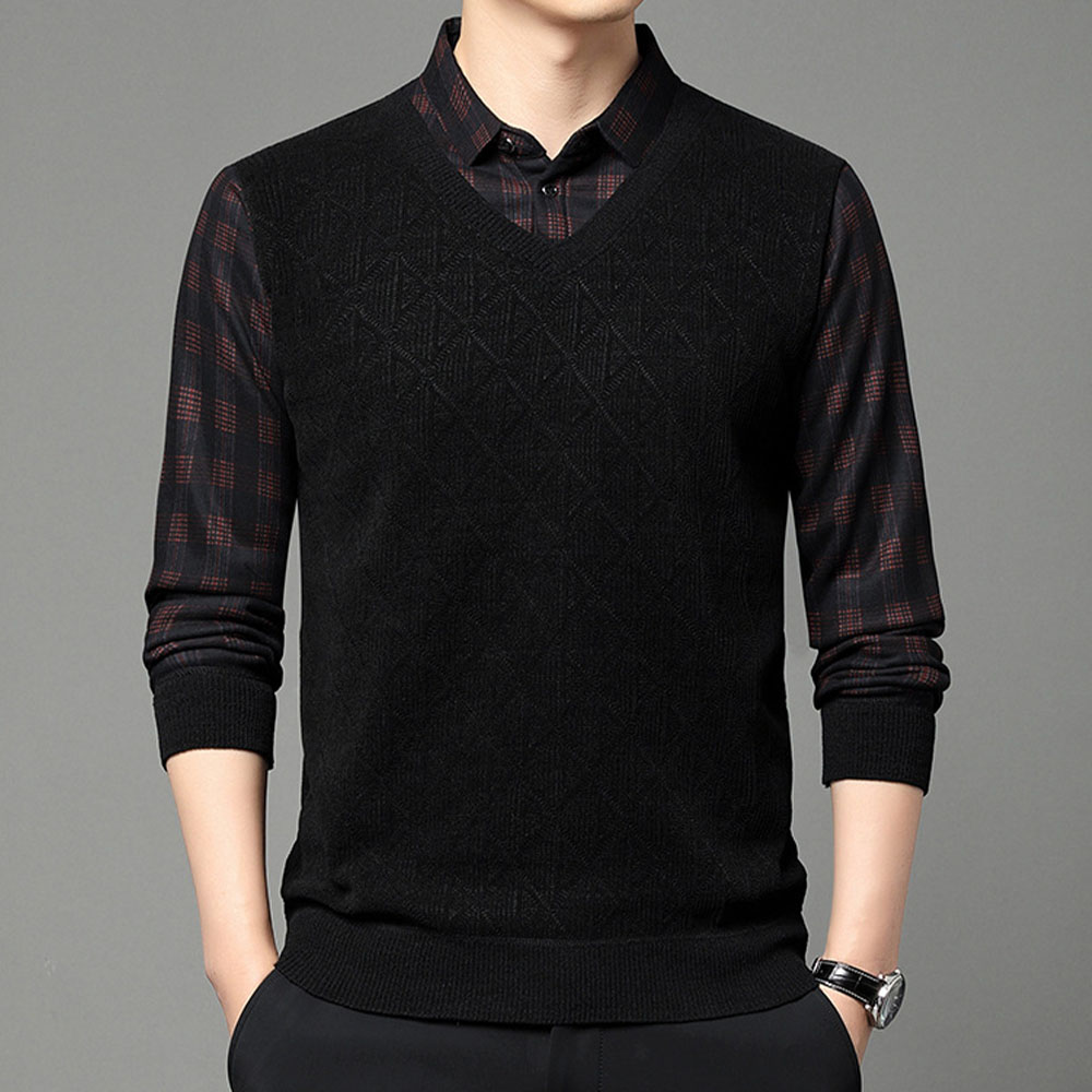 Warmer Herrenpullover aus Fleece und verdicktem Fake-Zweiteiler mit Revers