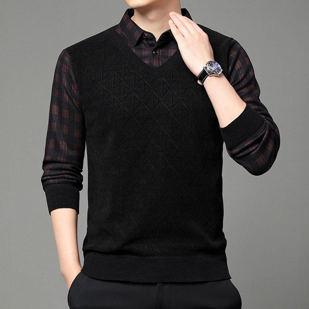 Warmer Herrenpullover aus Fleece und verdicktem Fake-Zweiteiler mit Revers