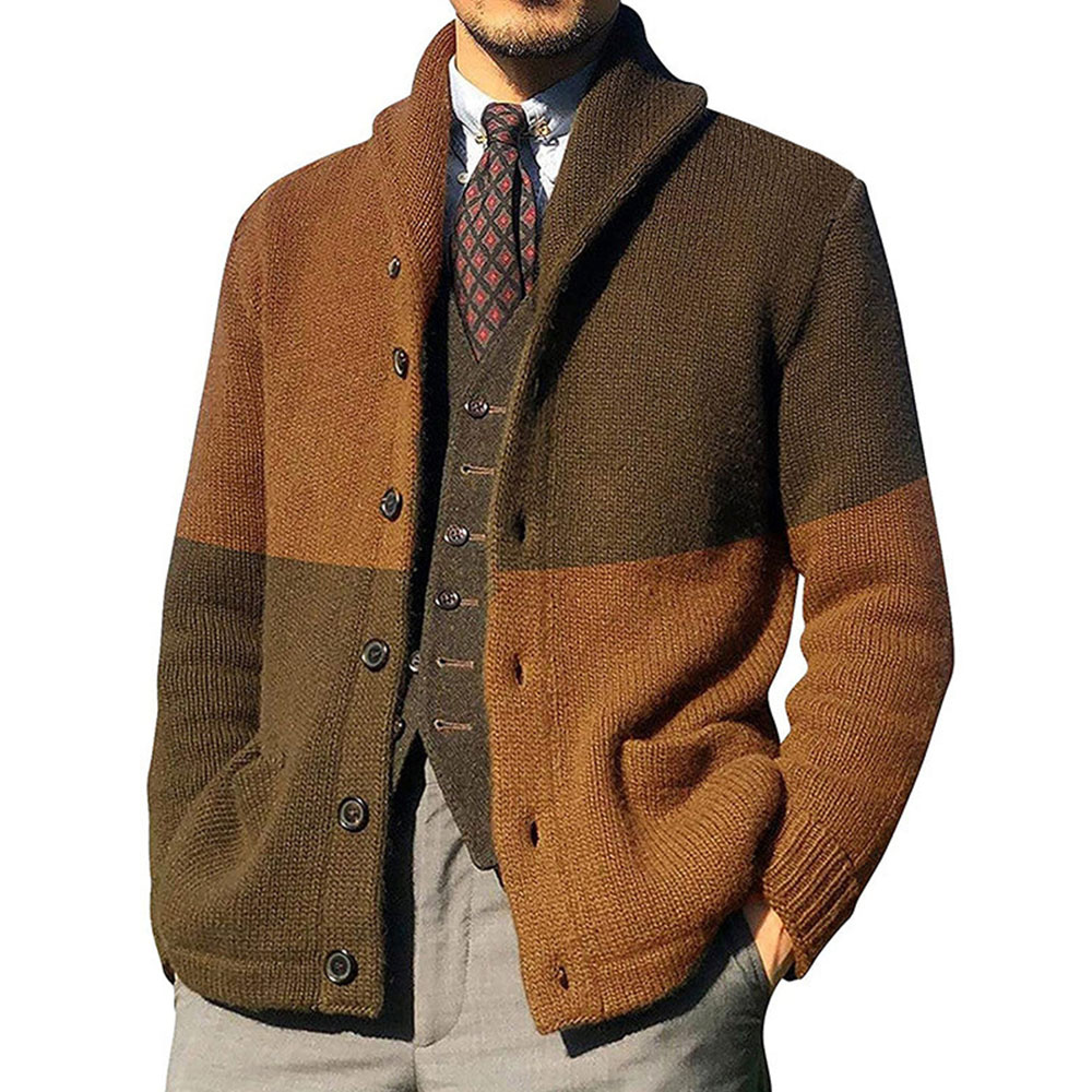 Nouveau cardigan tricoté à blocs de couleurs pour hommes