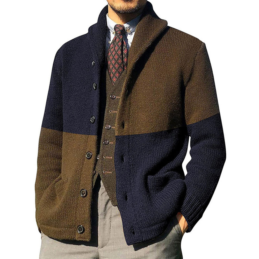 Nouveau cardigan tricoté à blocs de couleurs pour hommes