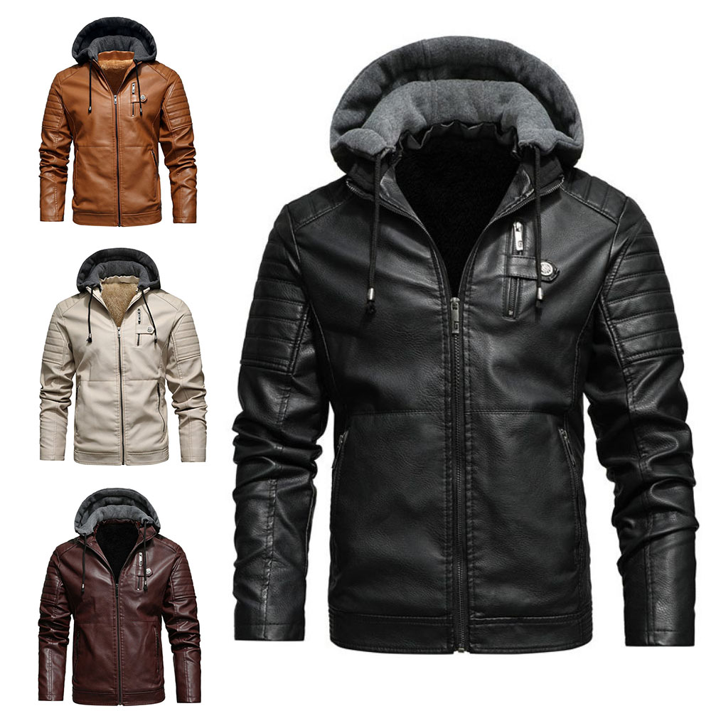 Neue Fleece-Lederjacke mit warmer Kapuze für Herren