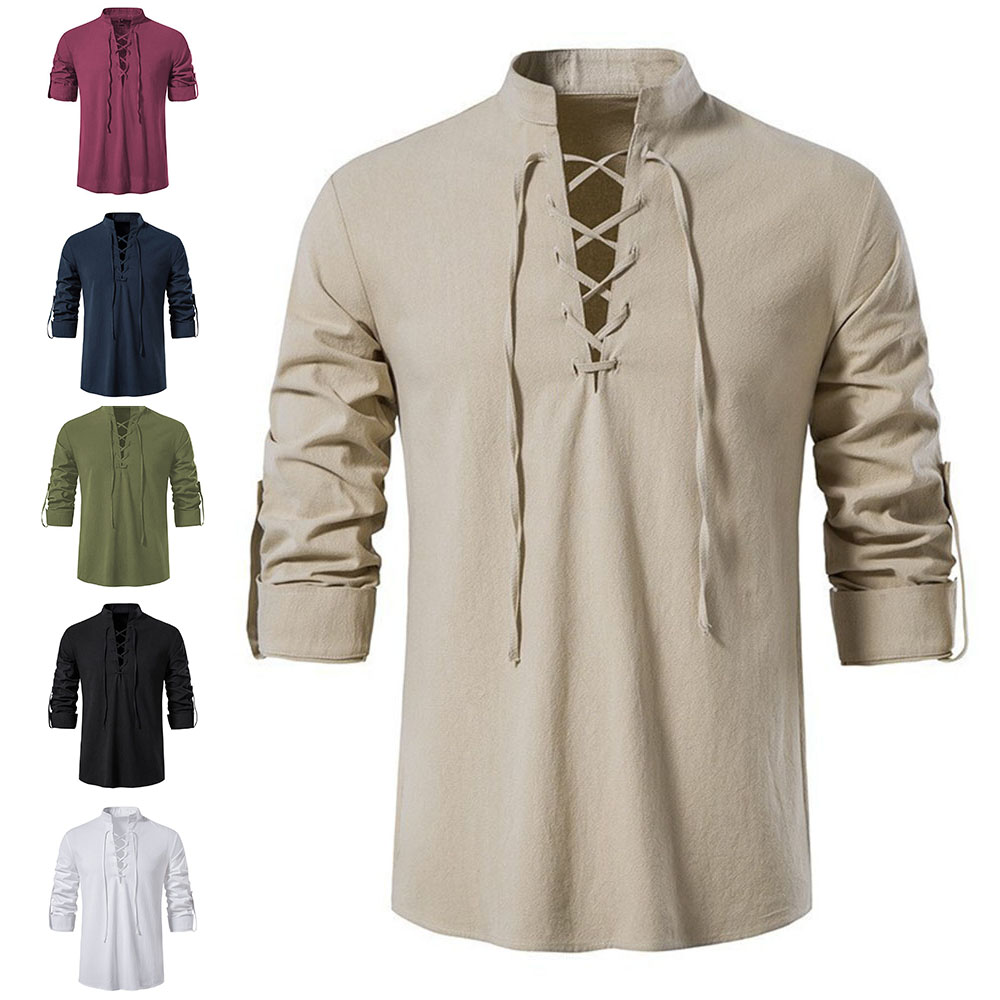 Haut à manches longues en coton et lin à lacets pour homme