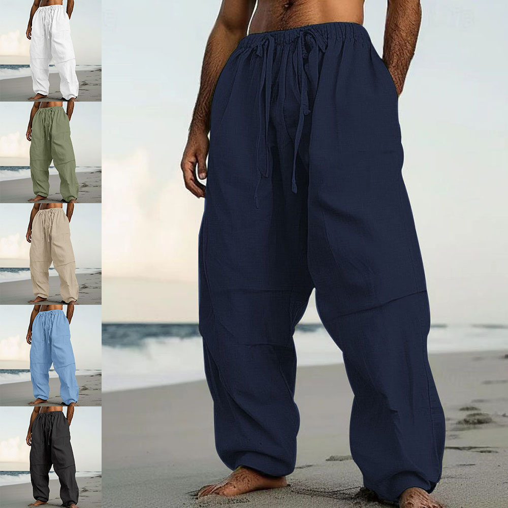 Pantalon large décontracté en coton et lin pour homme