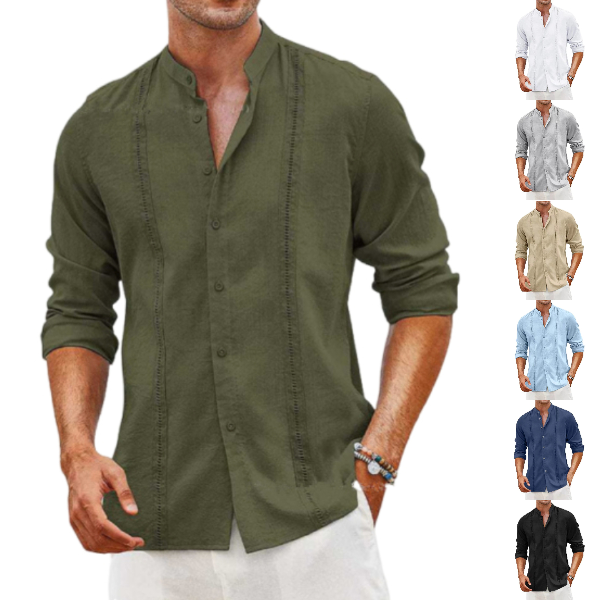 Chemise décontractée à manches longues et col montant pour homme