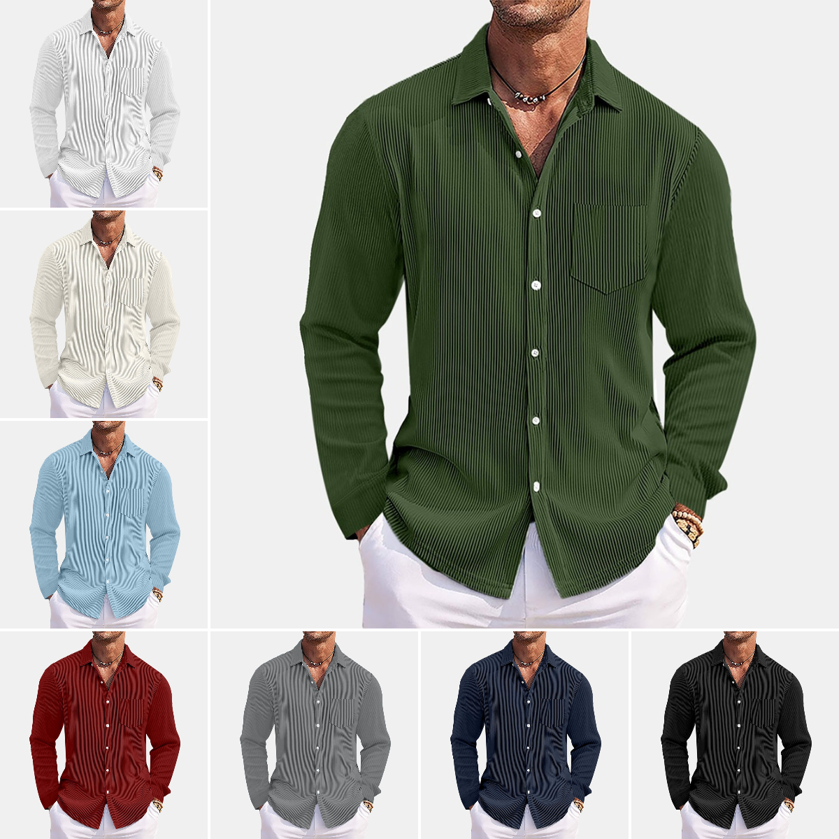 Chemise décontractée à manches longues à rayures verticales pour homme