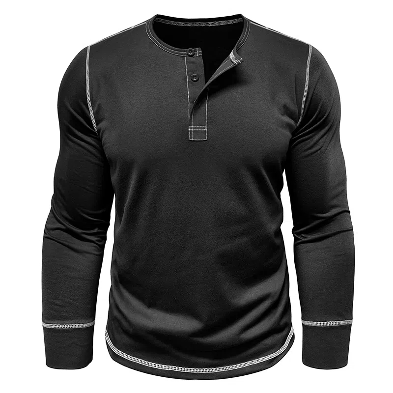 T-shirt décontracté à manches longues et col Henley pour homme