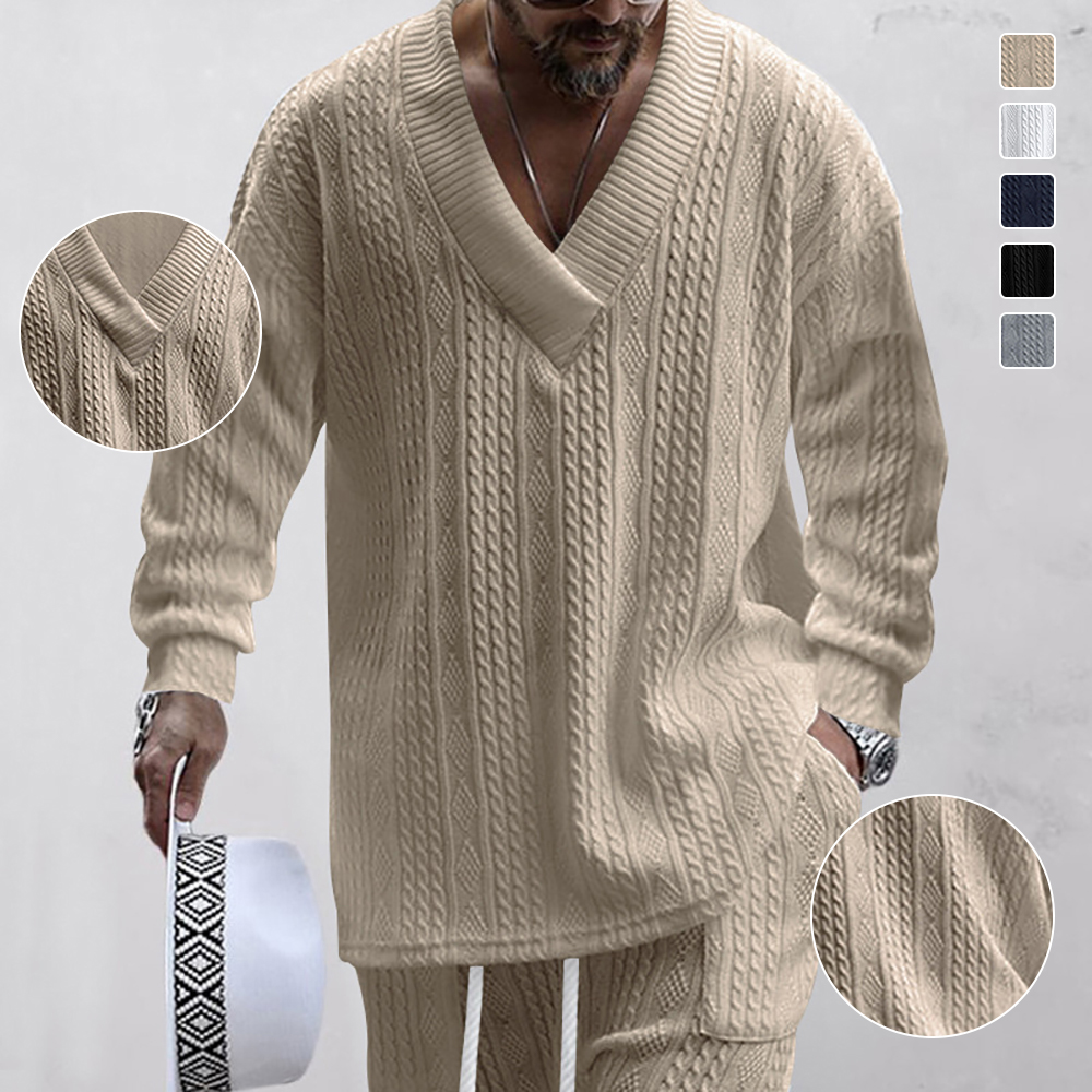 Pull tricoté jacquard ample décontracté à col en V pour hommes