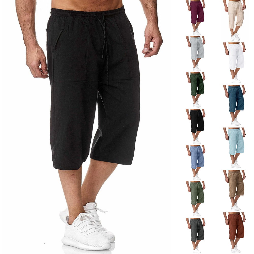 Pantalon trois-quarts décontracté en coton et lin respirant pour hommes
