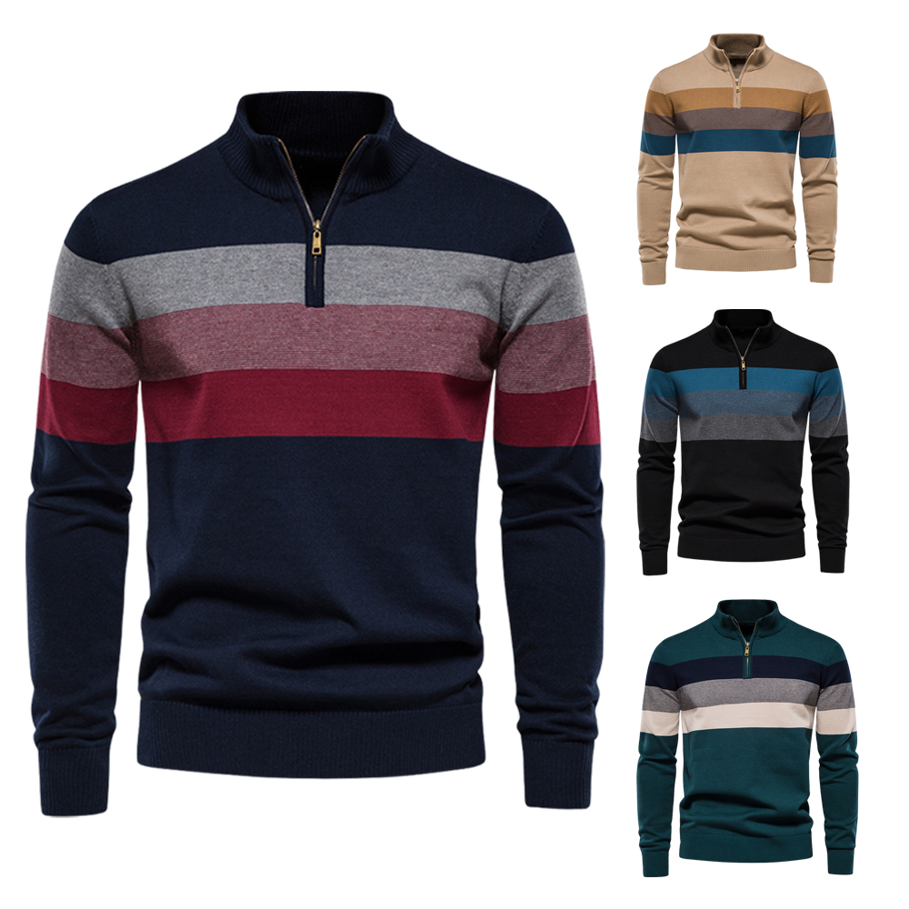 Nouveau pull à blocs de couleurs à col montant et fermeture éclair pour hommes
