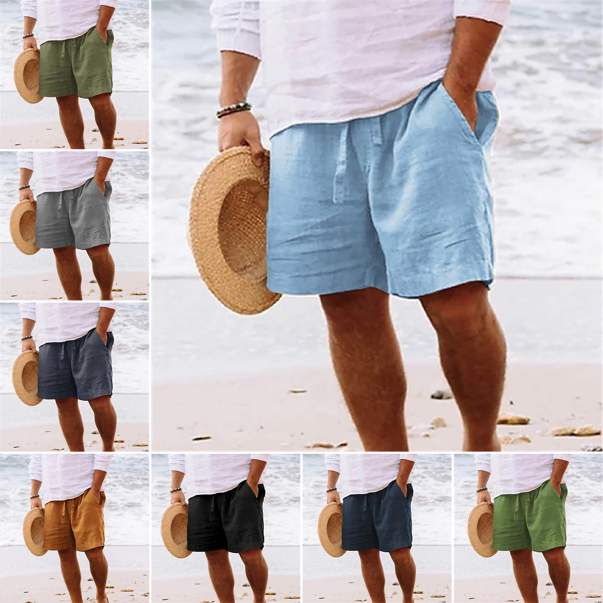 Short décontracté respirant en coton et lin pour homme