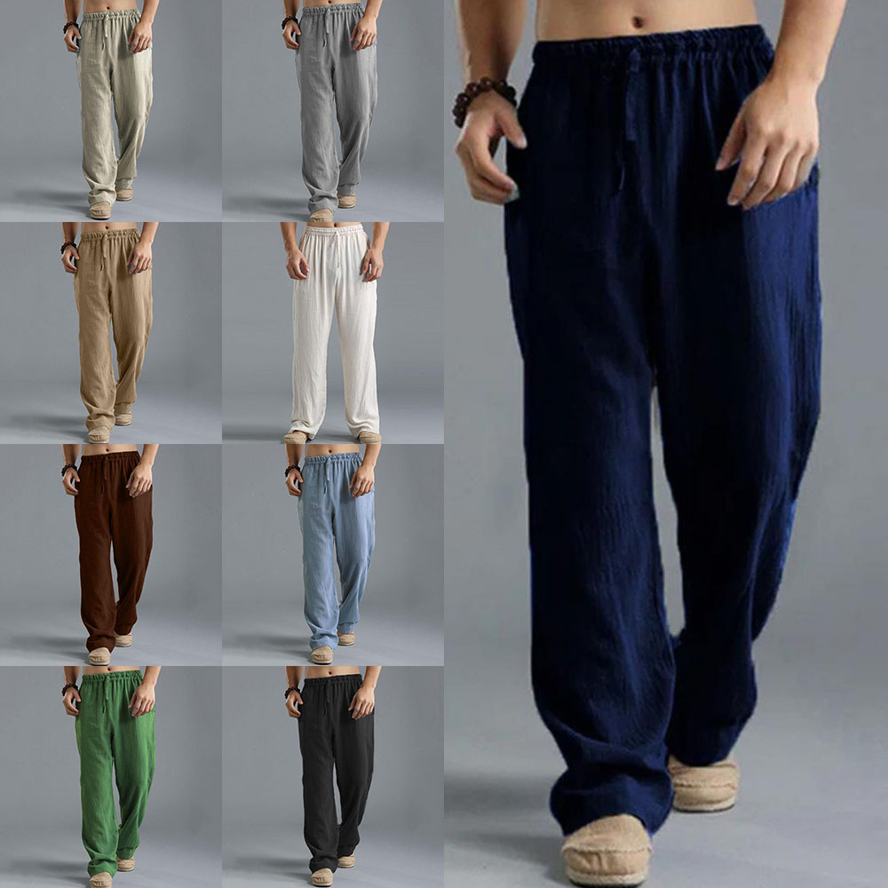 Pantalon décontracté ample en coton et lin pour homme