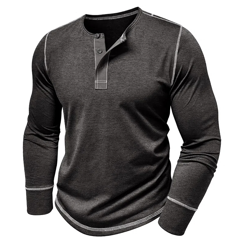 T-shirt décontracté à manches longues et col Henley pour homme