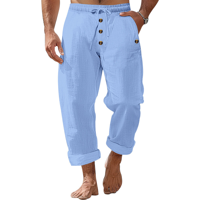 Pantalon décontracté ample à boutons en coton et lin pour homme