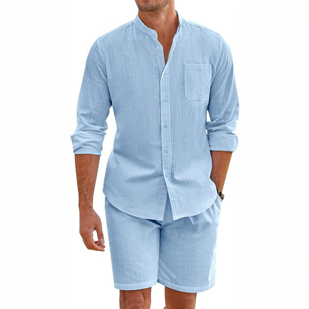 Ensemble deux pièces chemises et shorts en coton et lin pour hommes