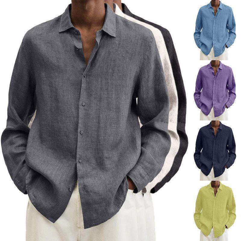 Chemise décontractée à manches longues en coton et lin pour homme