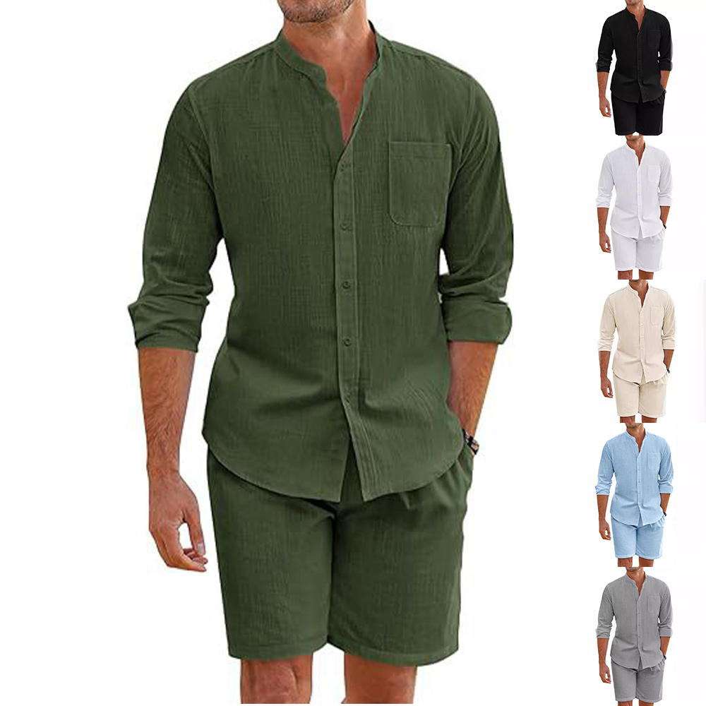Ensemble deux pièces chemises et shorts en coton et lin pour hommes