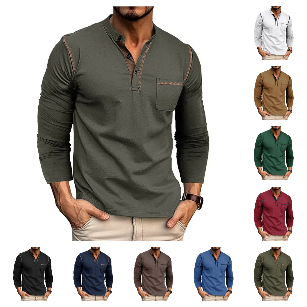 T-shirt à manches longues et col Henley pour hommes