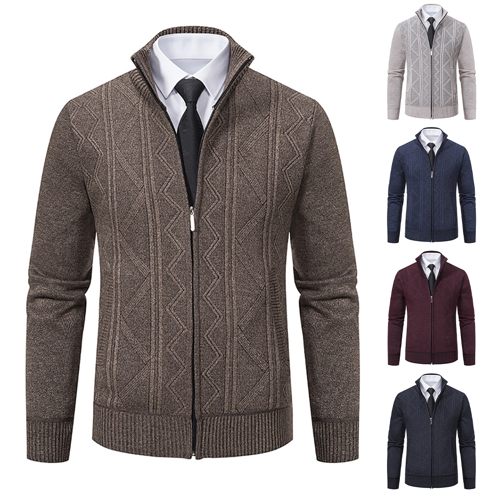 Veste chaude en tricot à col montant et fermeture éclair pour homme