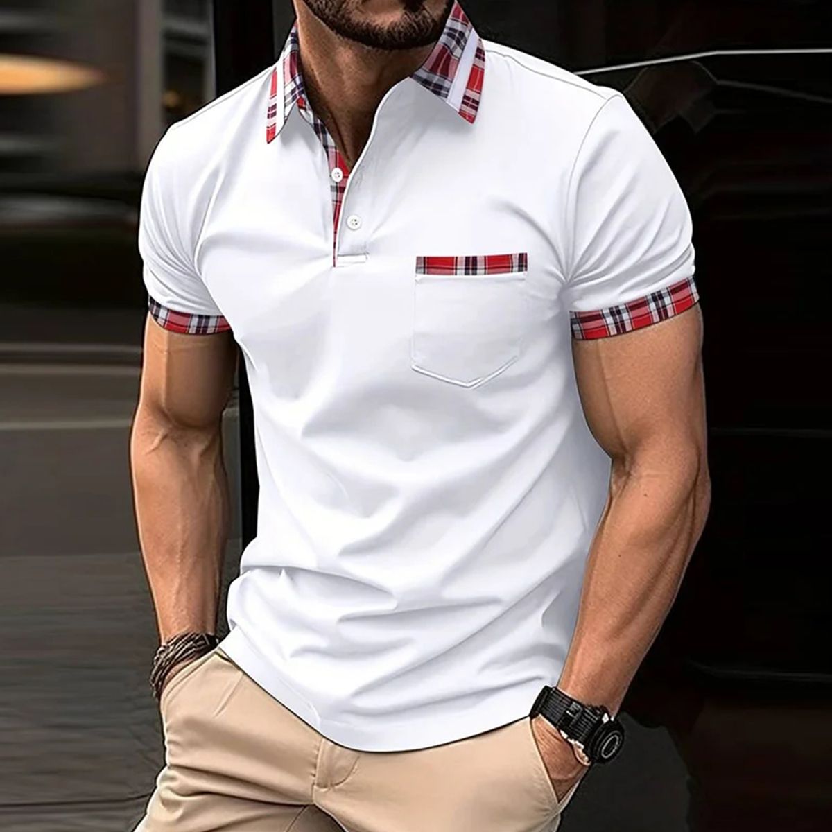 Metallwolke Kurzärmliges Poloshirt für Herren mit Karomuster und Farbblockmuster