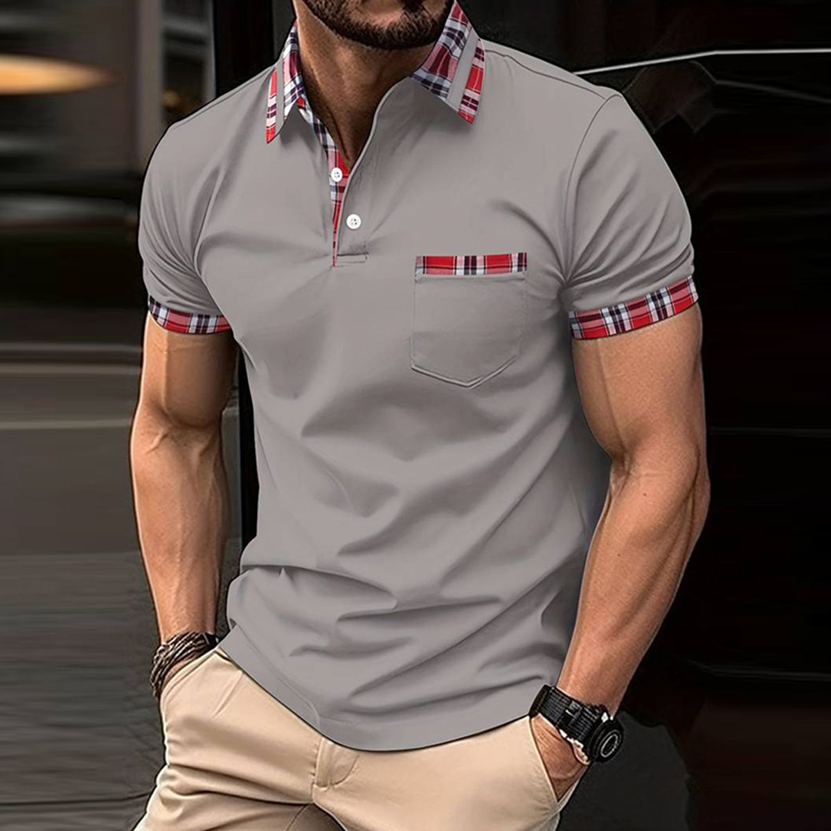 Metallwolke Kurzärmliges Poloshirt für Herren mit Karomuster und Farbblockmuster