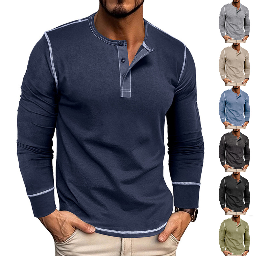 T-shirt décontracté à manches longues et col Henley pour homme