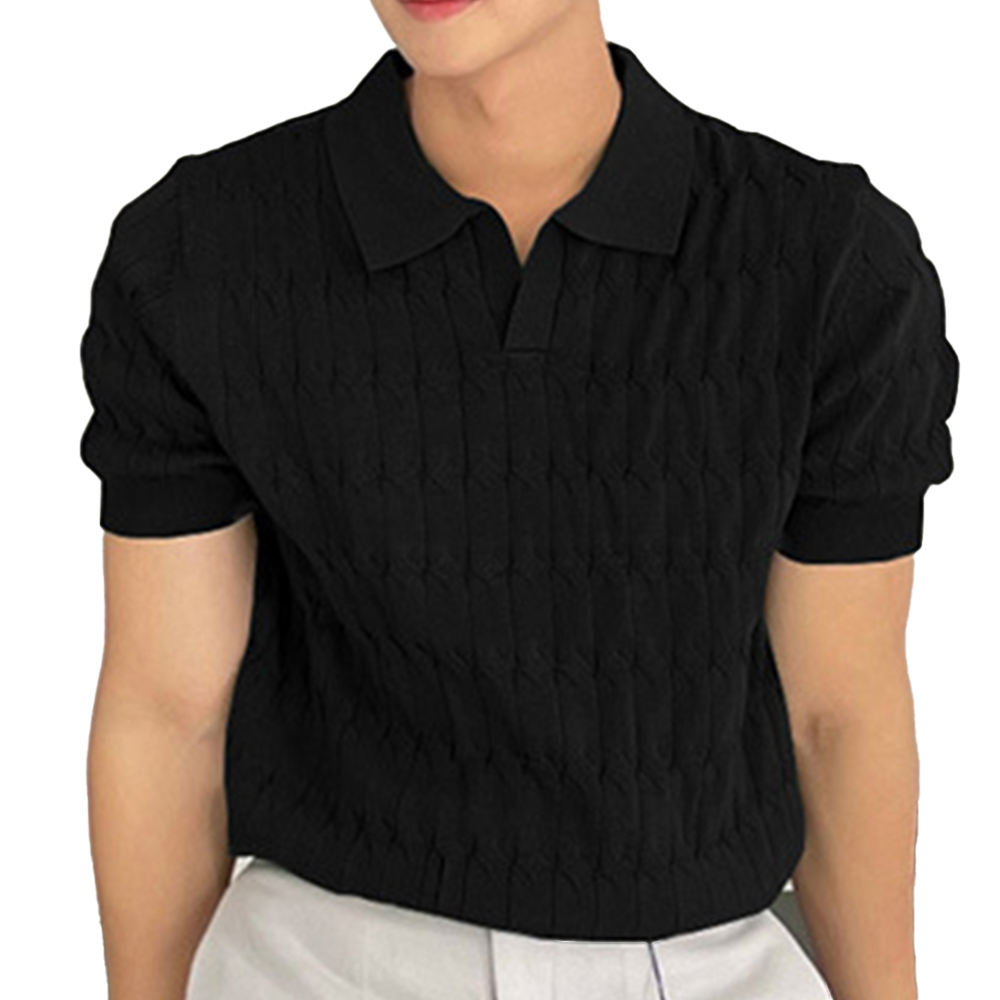 Atmungsaktiver Jacquard-Kurzarm-Strickpullover mit Revers für Herren