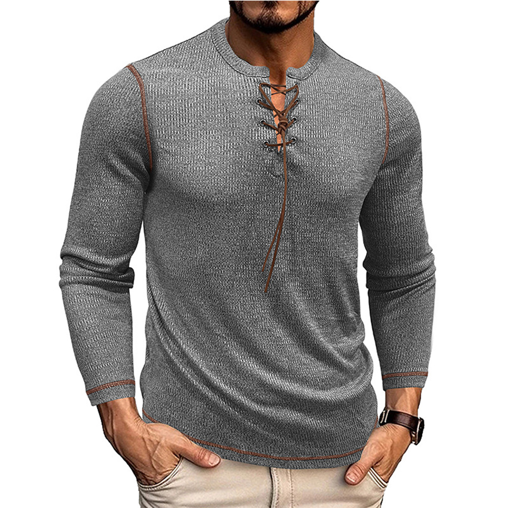 T-shirt décontracté à manches longues et lacets pour homme