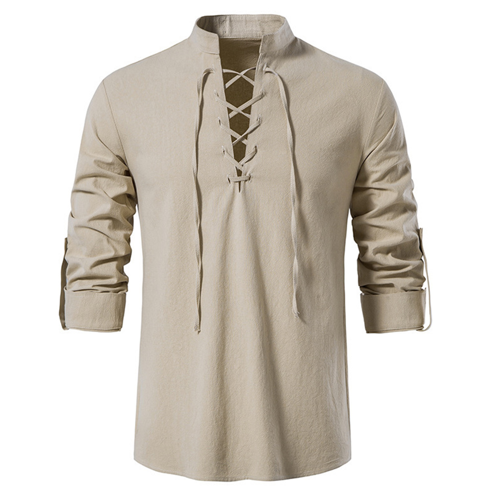 Bequemes Herrenhemd aus Baumwolle und Leinen mit V-Ausschnitt und Schnürung