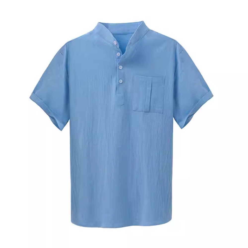 Einfarbiges Kurzarmhemd aus Baumwolle mit Stehkragen für Herren