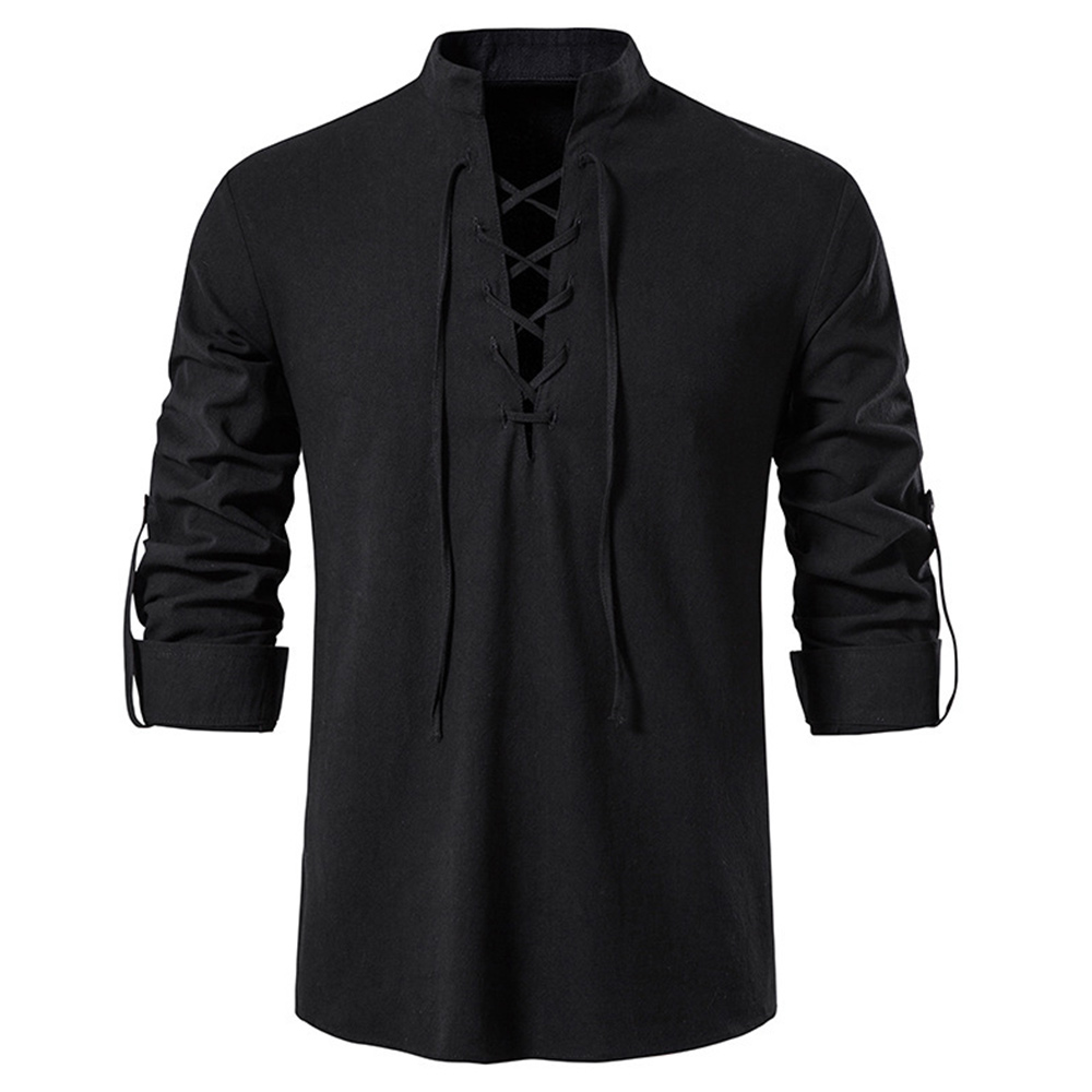 Bequemes Herrenhemd aus Baumwolle und Leinen mit V-Ausschnitt und Schnürung