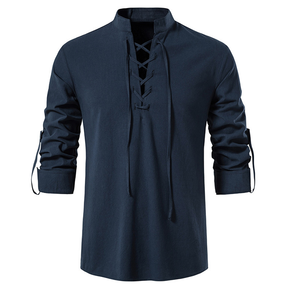 Bequemes Herrenhemd aus Baumwolle und Leinen mit V-Ausschnitt und Schnürung