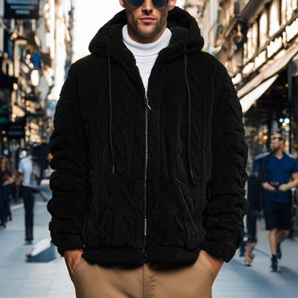 Herren-Winterjacke aus Korallensamt mit langen Ärmeln und Kapuze und Reißverschluss