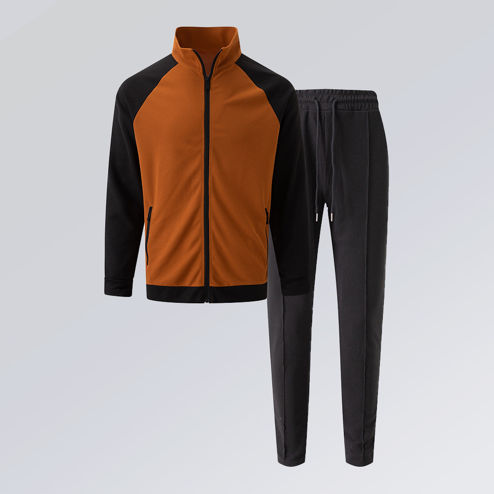 Kontrastierender Herren-Sportanzug mit hohem Kragen und Raglanärmeln, Jacke + Hose