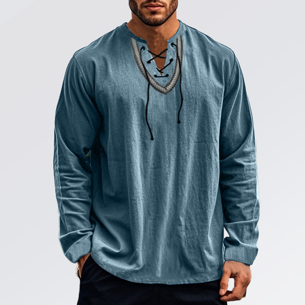 Lässiges Langarmhemd aus Baumwolle und Leinen für Herren mit überkreuzten Trägern