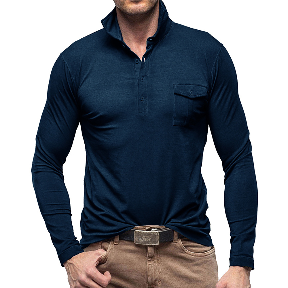 Polo à manches longues de couleur unie simple pour hommes