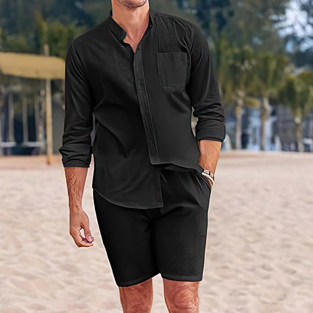 Ensemble deux pièces chemises et shorts en coton et lin pour hommes