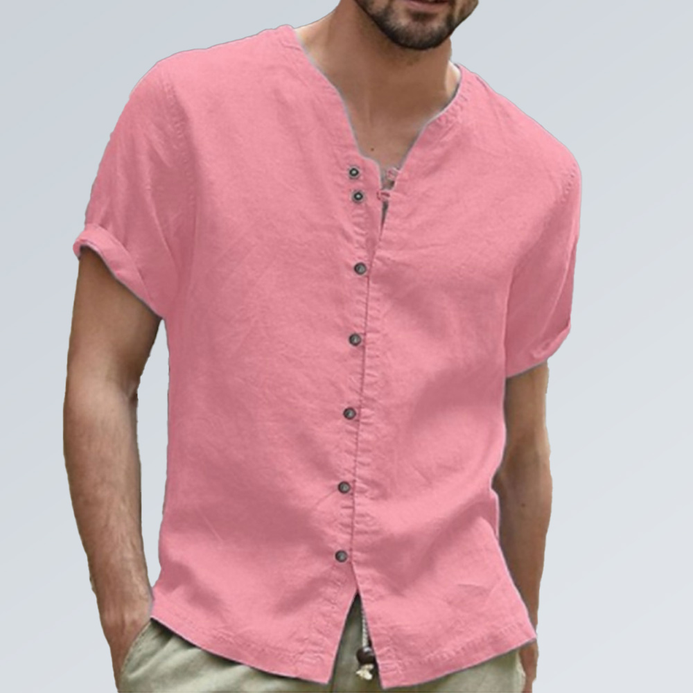 Einfarbiges Kurzarmhemd aus Baumwolle und Leinen für Herren