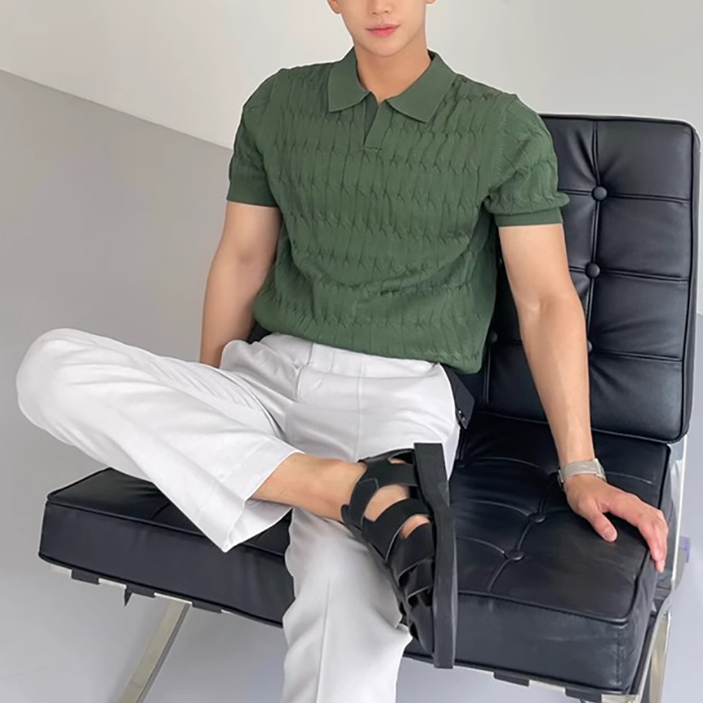 Atmungsaktiver Jacquard-Kurzarm-Strickpullover mit Revers für Herren