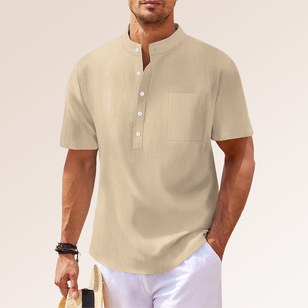 Lockeres Kurzarmhemd aus Baumwolle und Leinen mit Stehkragen für Herren