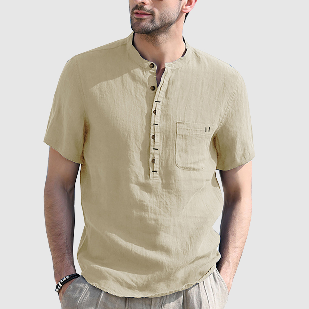 Lockeres Henley-Hemd aus Baumwolle und Leinen für Herren, einfarbig, kurzärmelig