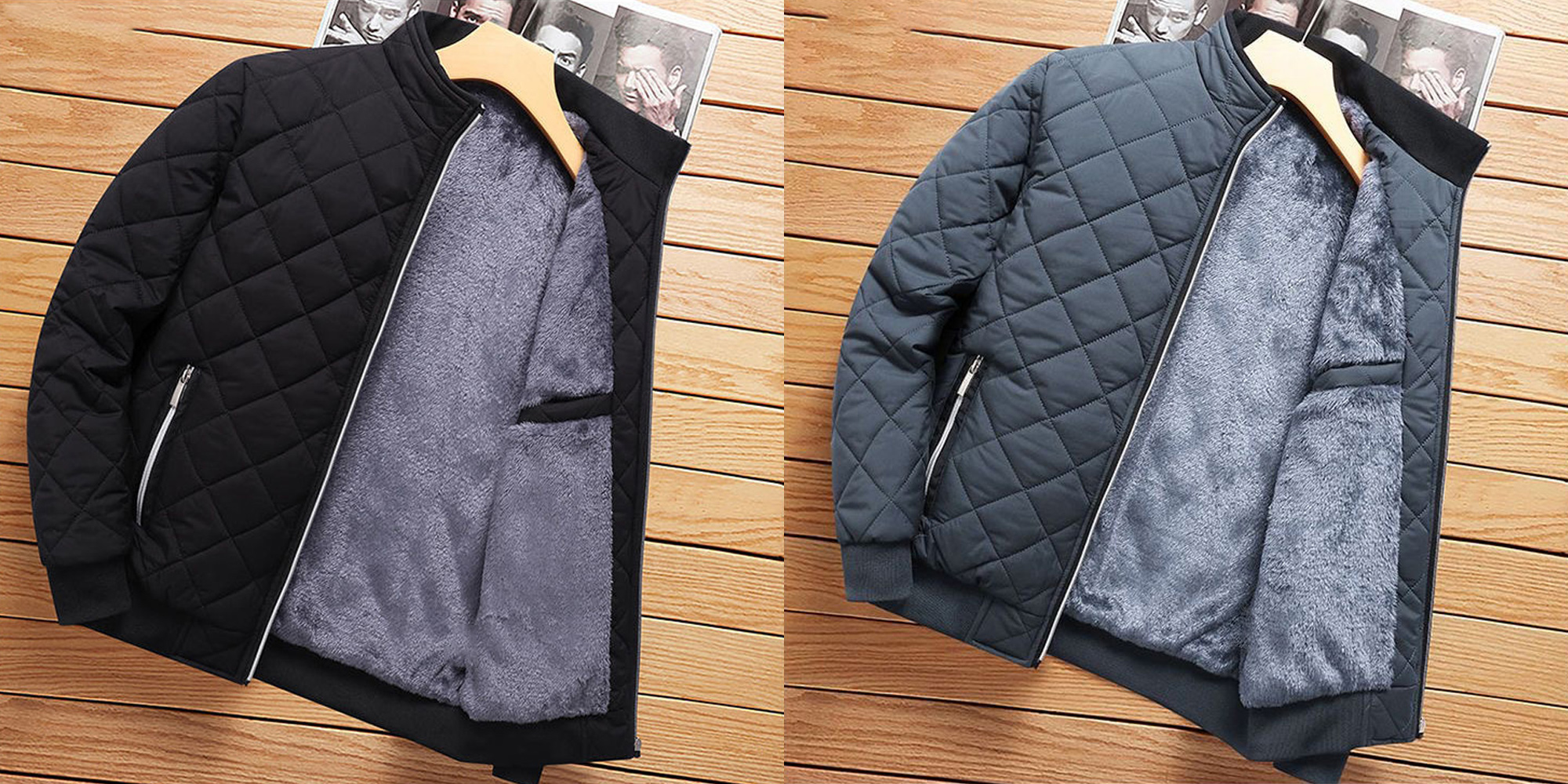 Warme Winterjacke aus verdicktem Samt für Herren mit Stehkragen