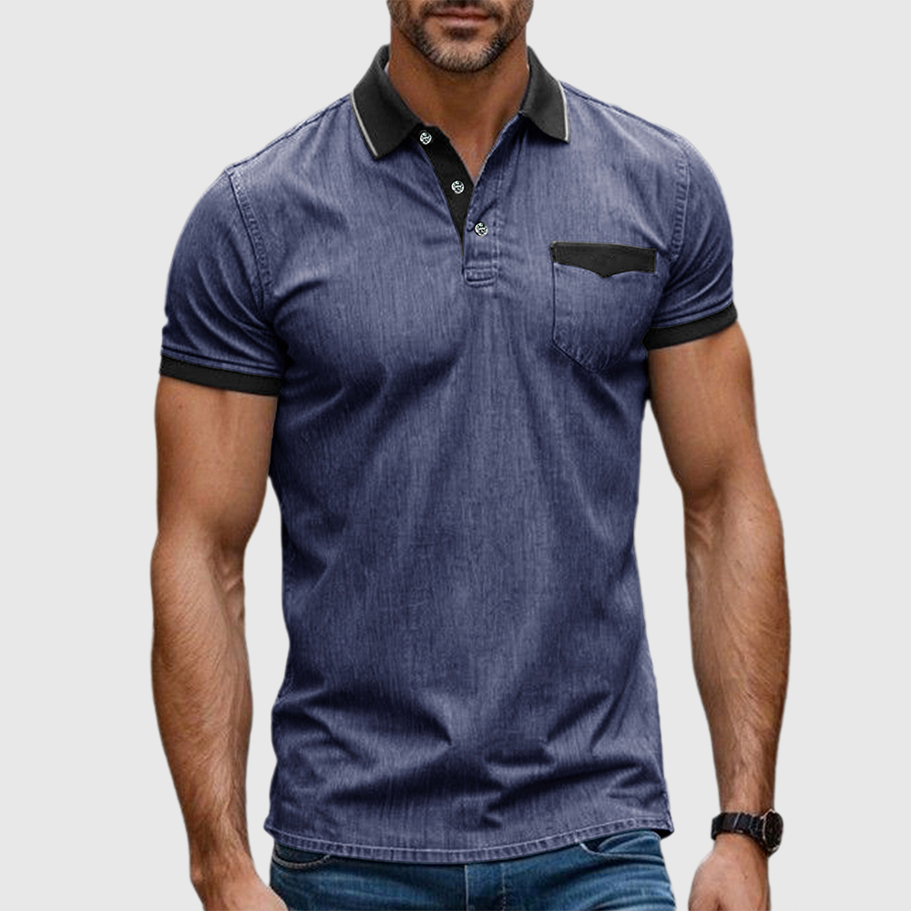 Herren Stretch Denim Strukturiertes Revers T-Shirt Kurzarm