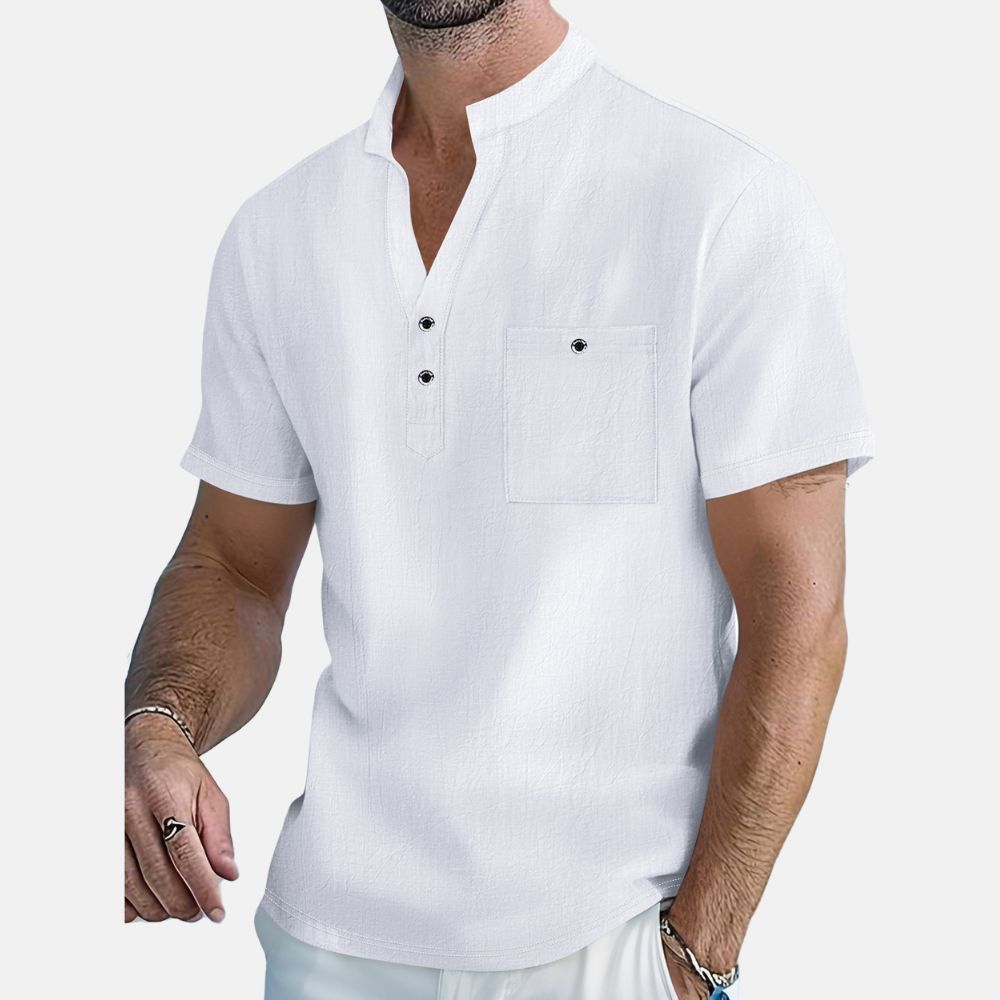 Lockeres, dünnes Kurzarmhemd aus Baumwolle und Leinen mit Stehkragen für Herren