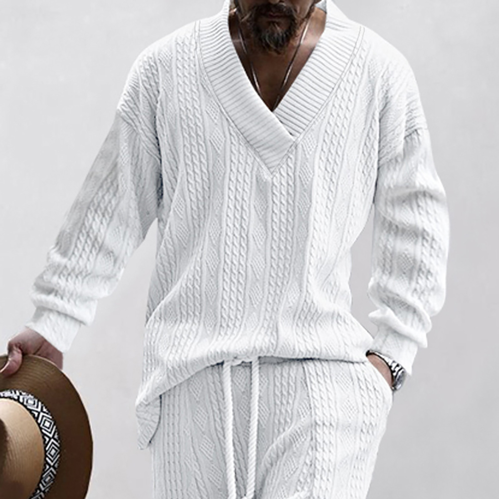 Pull tricoté jacquard ample décontracté à col en V pour hommes