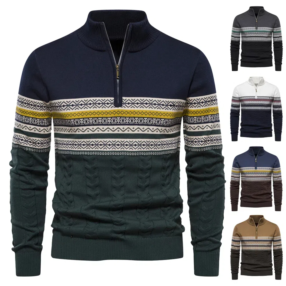 Pull demi-zippé en jacquard color block pour hommes