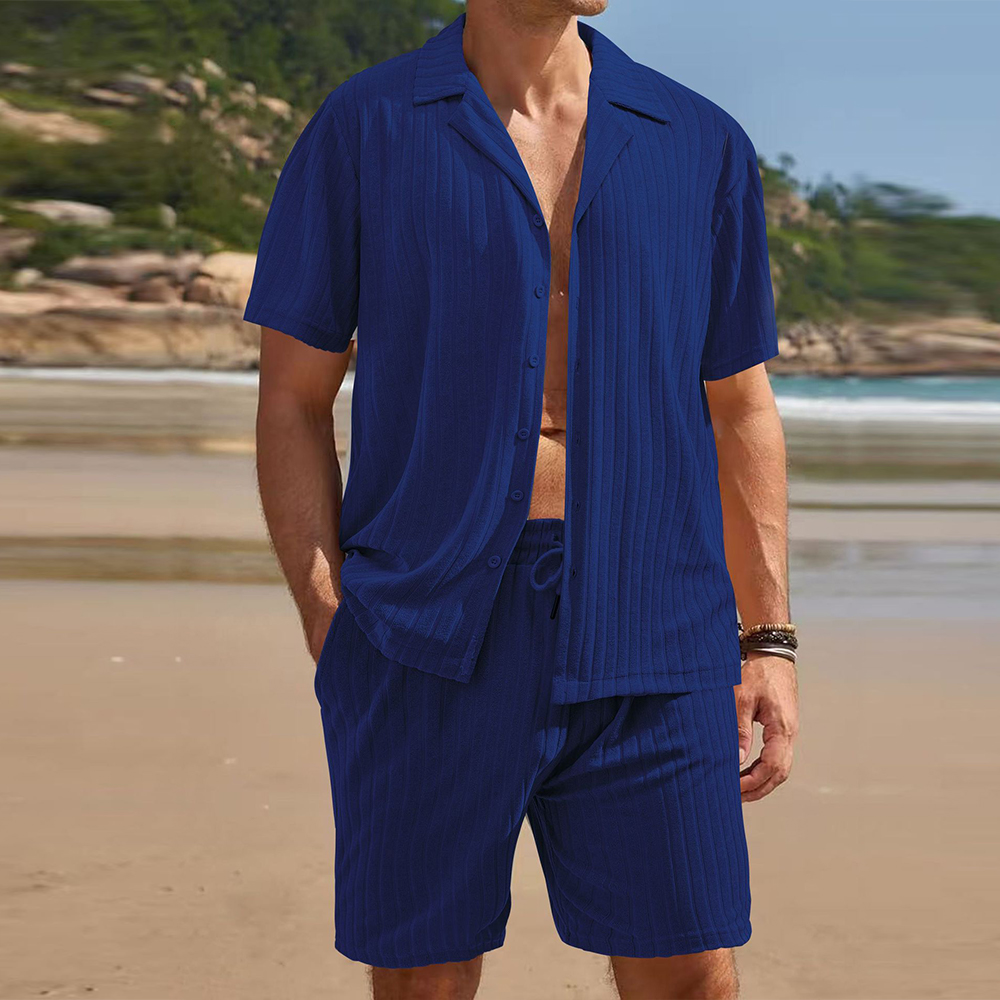 Herren-Jacquardhemd mit vertikalen Streifen und kurzen Ärmeln und Revers