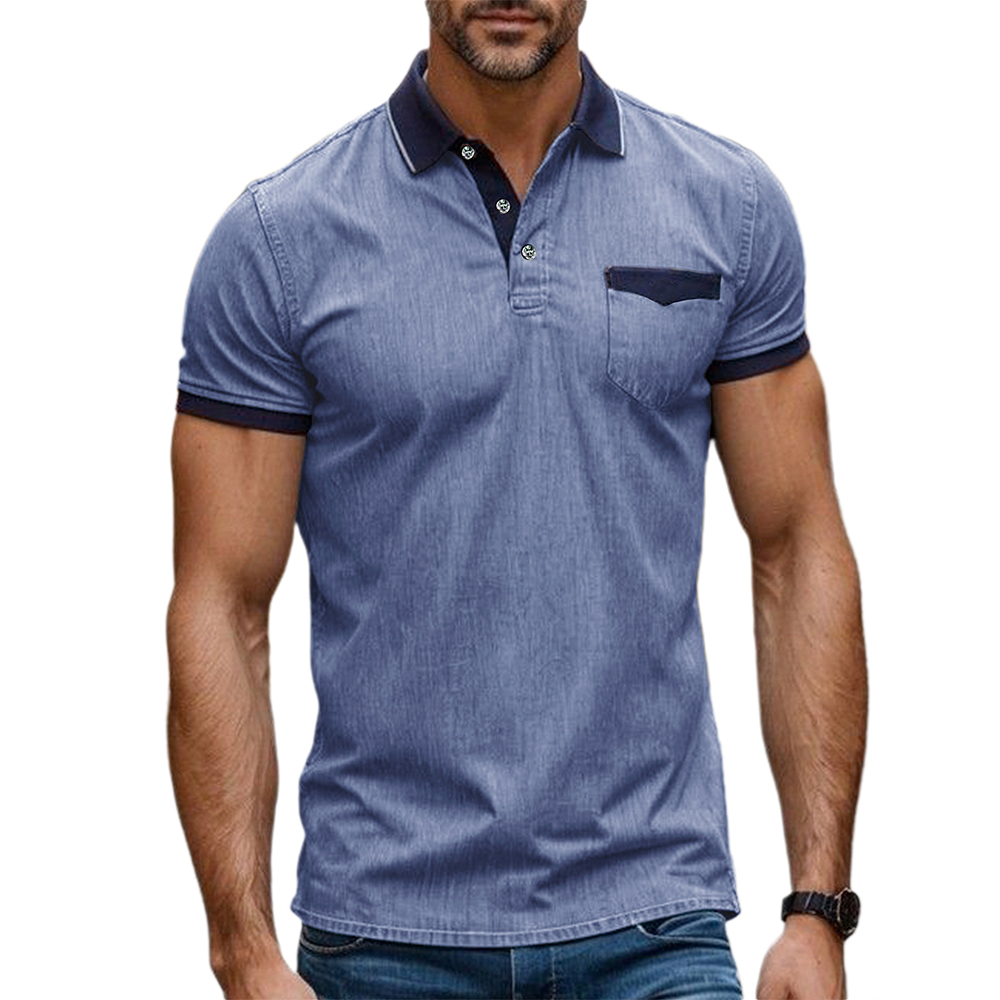 Herren Stretch Denim Strukturiertes Revers T-Shirt Kurzarm