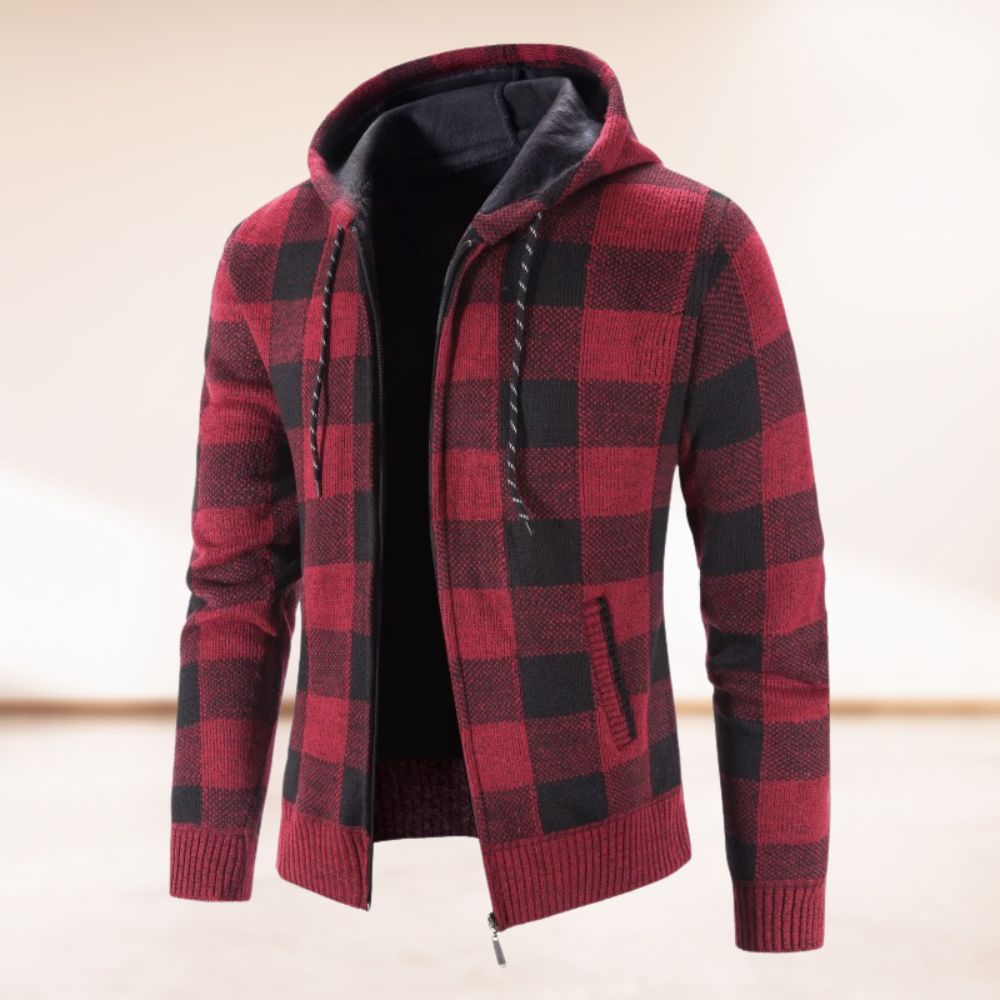 Modische Winter-Strickjacke mit samtverdicktem Karomuster und Kapuze