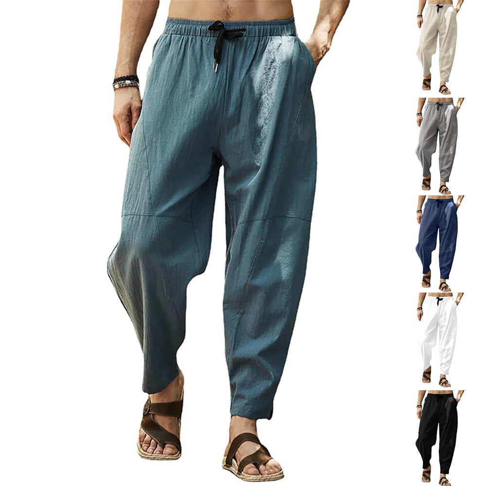Pantalons décontractés amples en coton et lin pour hommes