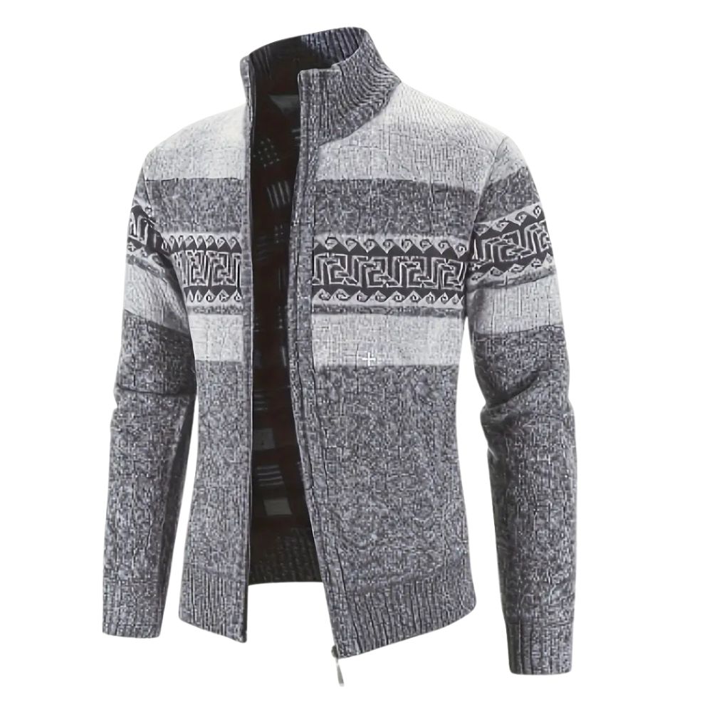 Herren-Strickjacke mit verdicktem Samt und Stehkragen und Reißverschluss